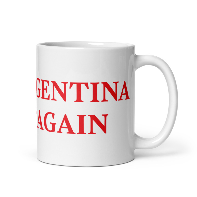 Taza clásica "Make Argentina Great Again" en blanco con letras rojas.