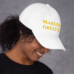Gorra sin bandera "Make España Great Again" blanco con letra dorada (estilo Dad hat)