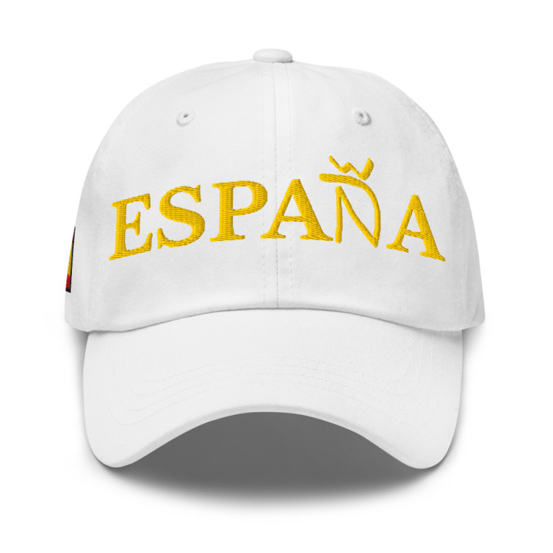 Gorra "España" color blanco con letra dorada y con bandera bordada (estilo Dad hat)