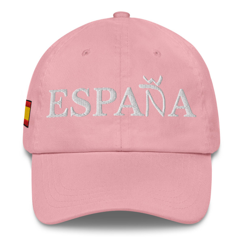 Gorra "España" color rosa con letra blanca y con bandera bordada (estilo Dad hat)
