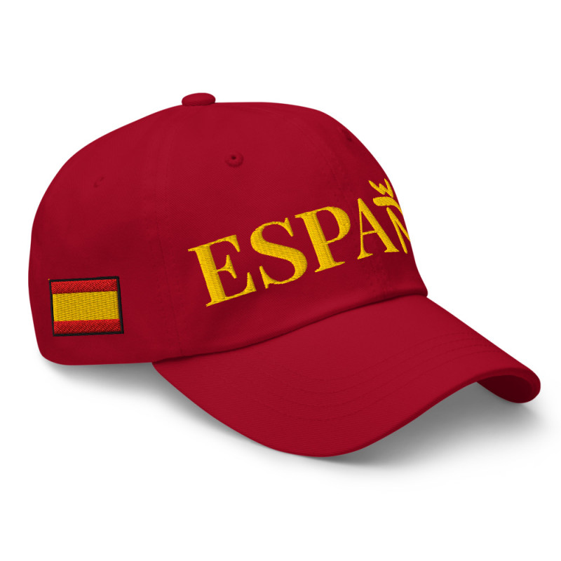 Gorra "España" color roja letra dorada bordada con bandera Ñ G (estilo Dad hat)