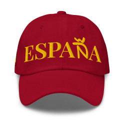 Gorra "España" color roja letra dorada bordada con bandera Ñ G (estilo Dad hat)