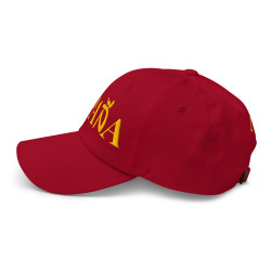Gorra "España" color roja letra dorada bordada con bandera Ñ G (estilo Dad hat)
