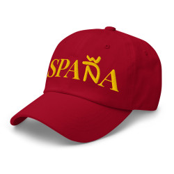 Gorra "España" color roja letra dorada bordada con bandera Ñ G (estilo Dad hat)